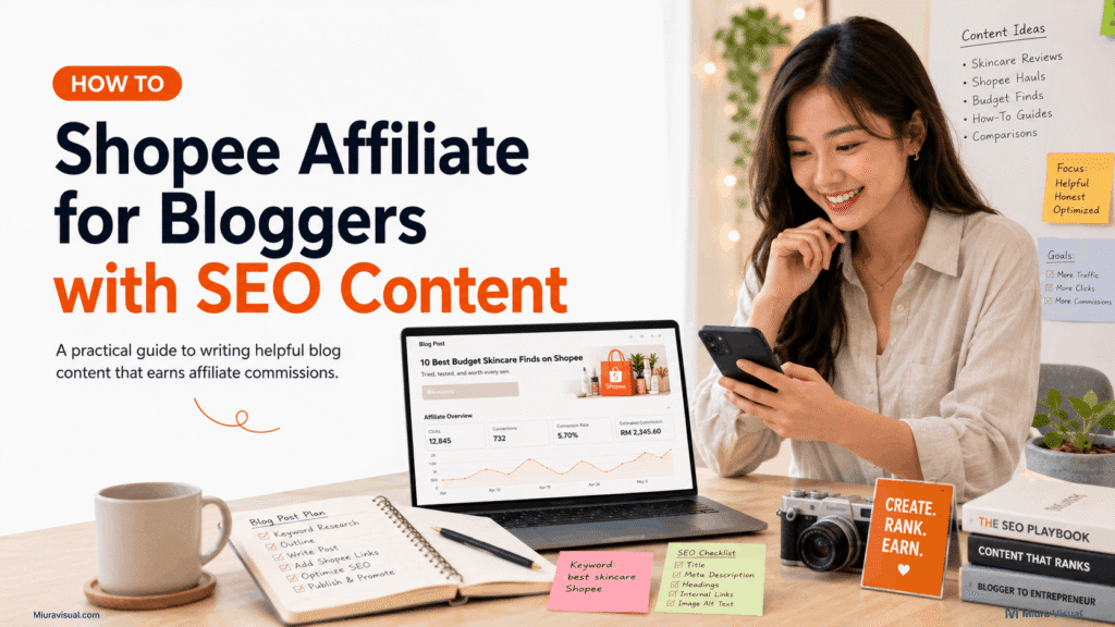 Shopee Affiliate for bloggers guide showing a content creator planning SEO blog content, affiliate links, and product recommendations.
