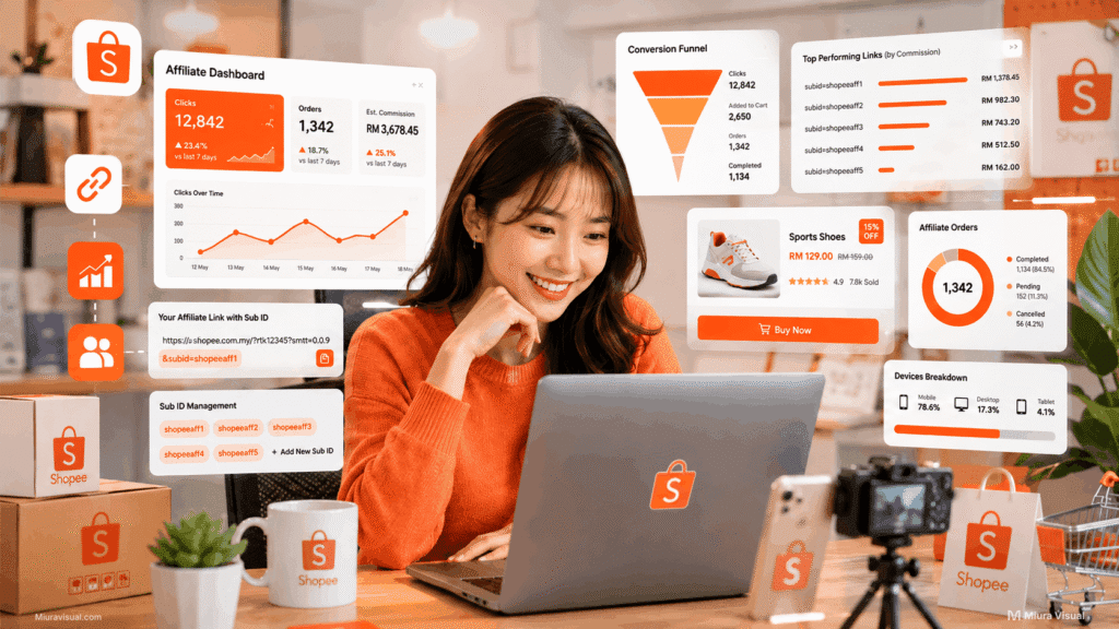 Shopee Affiliate Sub ID dashboard with creator tracking clicks, orders, and sales