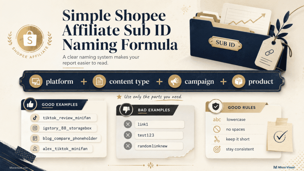 Shopee Affiliate Sub ID: How to Track Links and Sales Properly 4 Shopee Affiliate Sub ID naming formula with examples for platform, content type, campaign, and product
