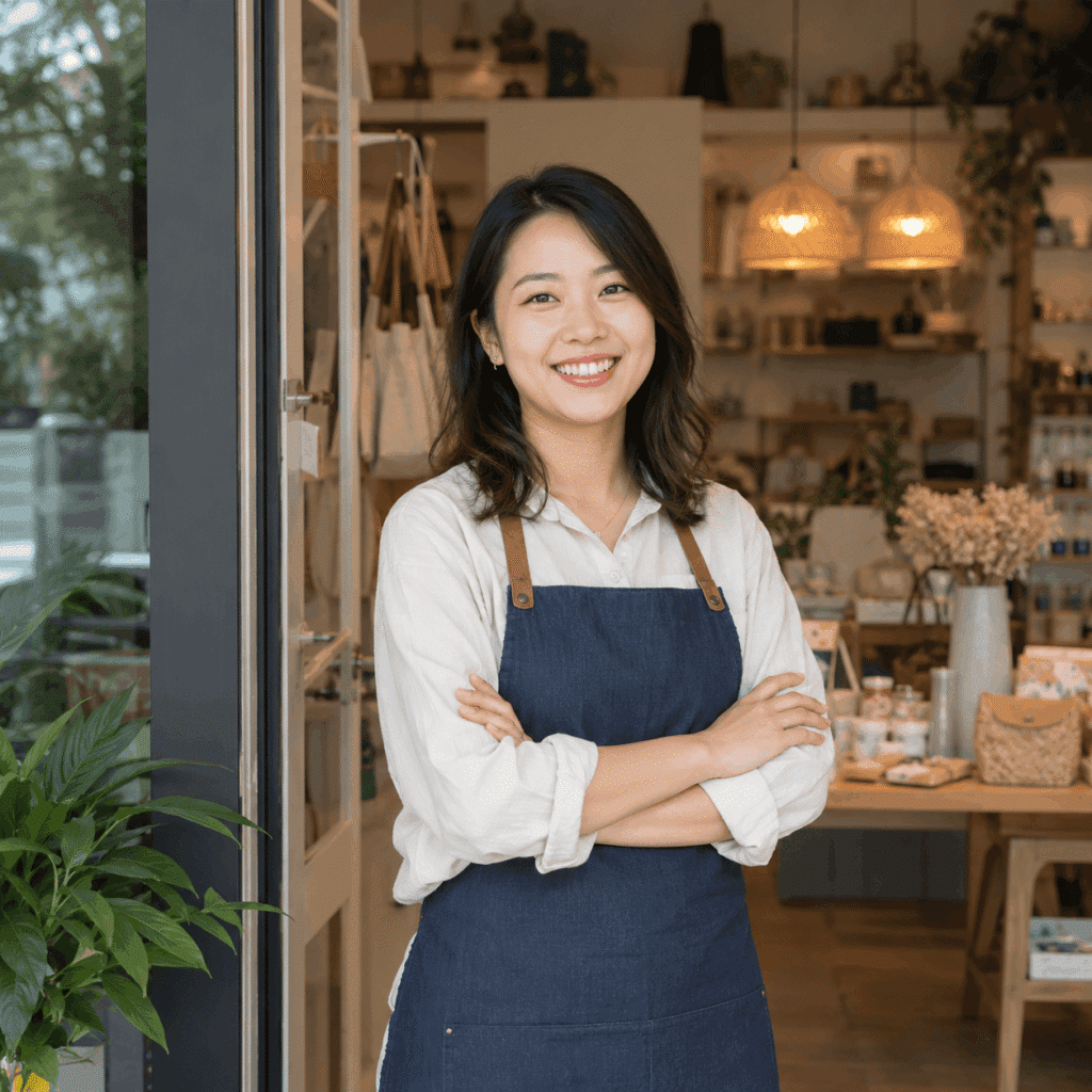 Digital Presence Malaysia | Website, SEO & Support 37 Smiling small business owner standing in a cozy boutique shop, representing small business website support by Miura Visual.
