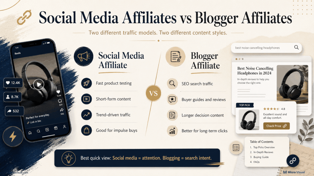 Shopee Affiliate for Bloggers: How to Promote Products with SEO Content 2 Comparison between social media affiliates and blogger affiliates, showing how short-form attention differs from long-term SEO search intent.