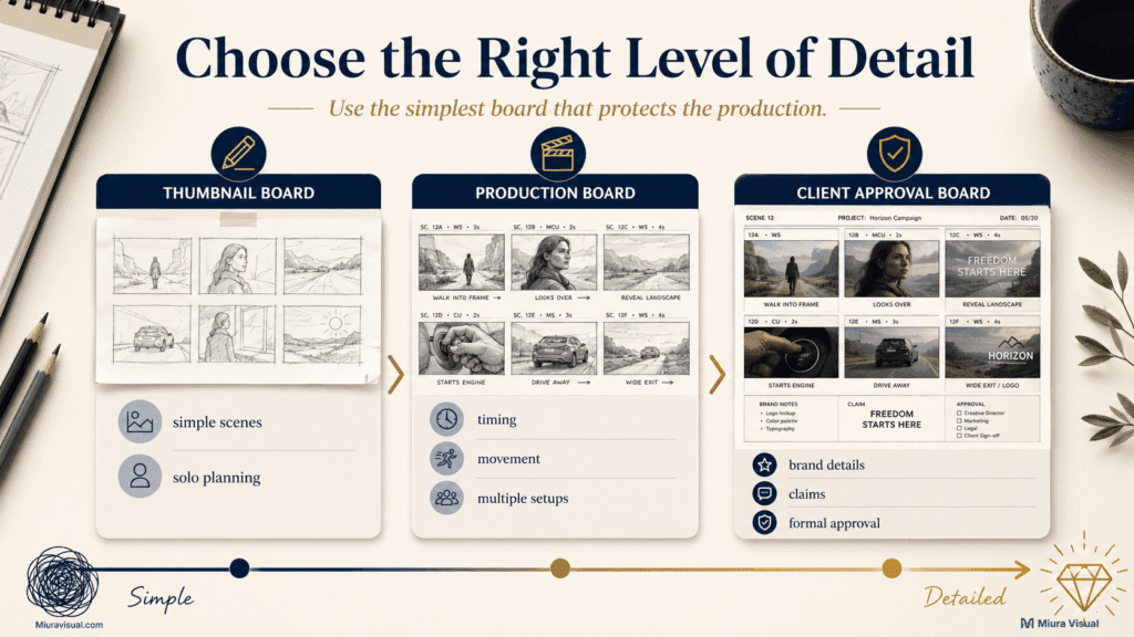 How to Storyboard a Video for Short-Form Brand Content 5 Comparison of thumbnail, production and client approval storyboard detail levels