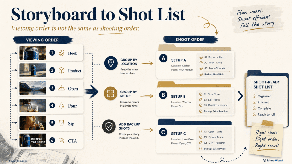 How to Storyboard a Video for Short-Form Brand Content 7 Workflow converting storyboard viewing order into an efficient shot list grouped by location and setup