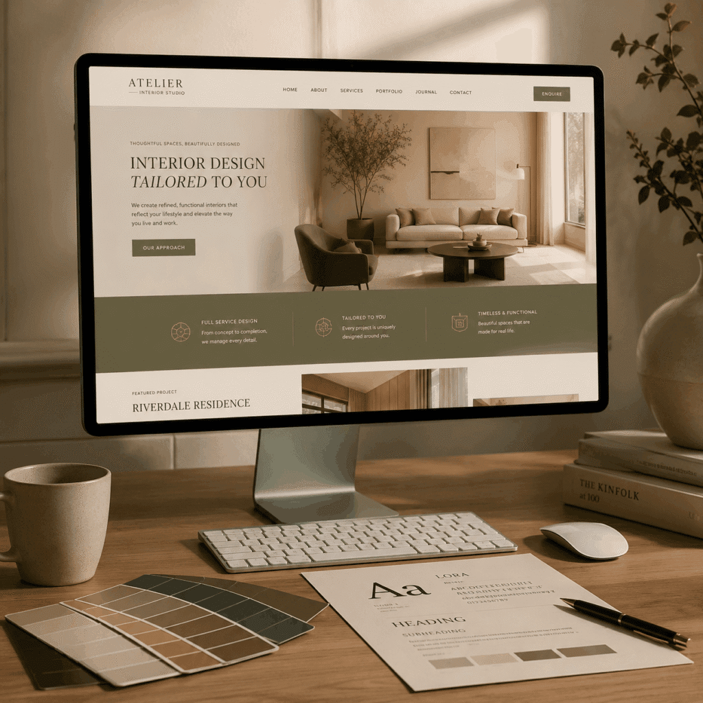 Custom interior design studio website displayed with brand colours and typography samples