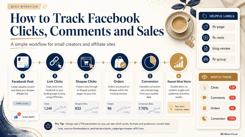 Shopee Affiliate Facebook Guide: Should You Use Facebook Affiliate Partnerships? 5 Workflow showing how to track Facebook clicks, comments, Shopee clicks, orders and conversions for affiliate content.