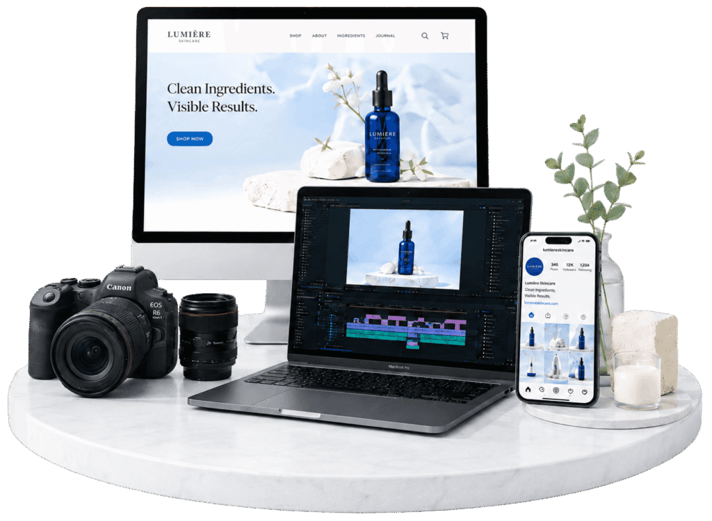 Minimalist visual content workspace with desktop website mockup, laptop editing screen, Canon R6 Mark II camera, phone display and skincare product styling