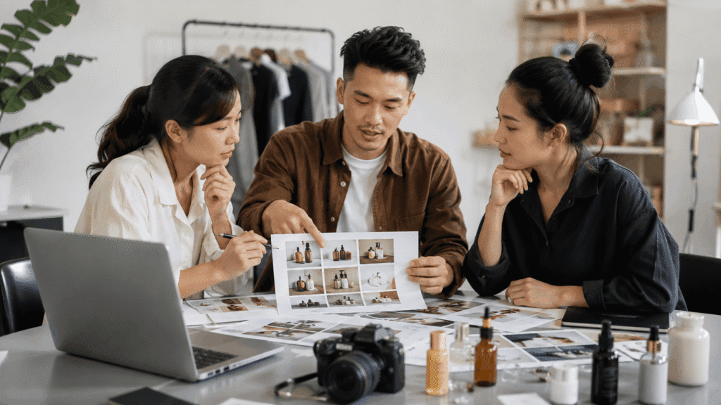 Digital Presence Malaysia | Website, SEO & Support 2 Creative team discussing visual content planning in a modern studio workspace