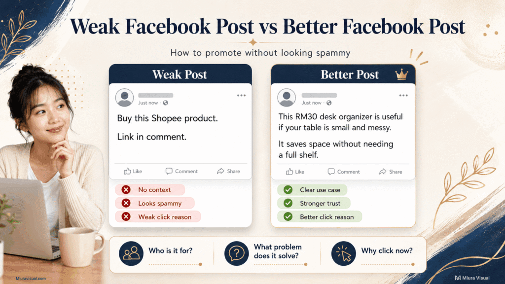 Shopee Affiliate Facebook Guide: Should You Use Facebook Affiliate Partnerships? 4 Example of a weak Facebook post versus a better Shopee affiliate Facebook post with clear product context.