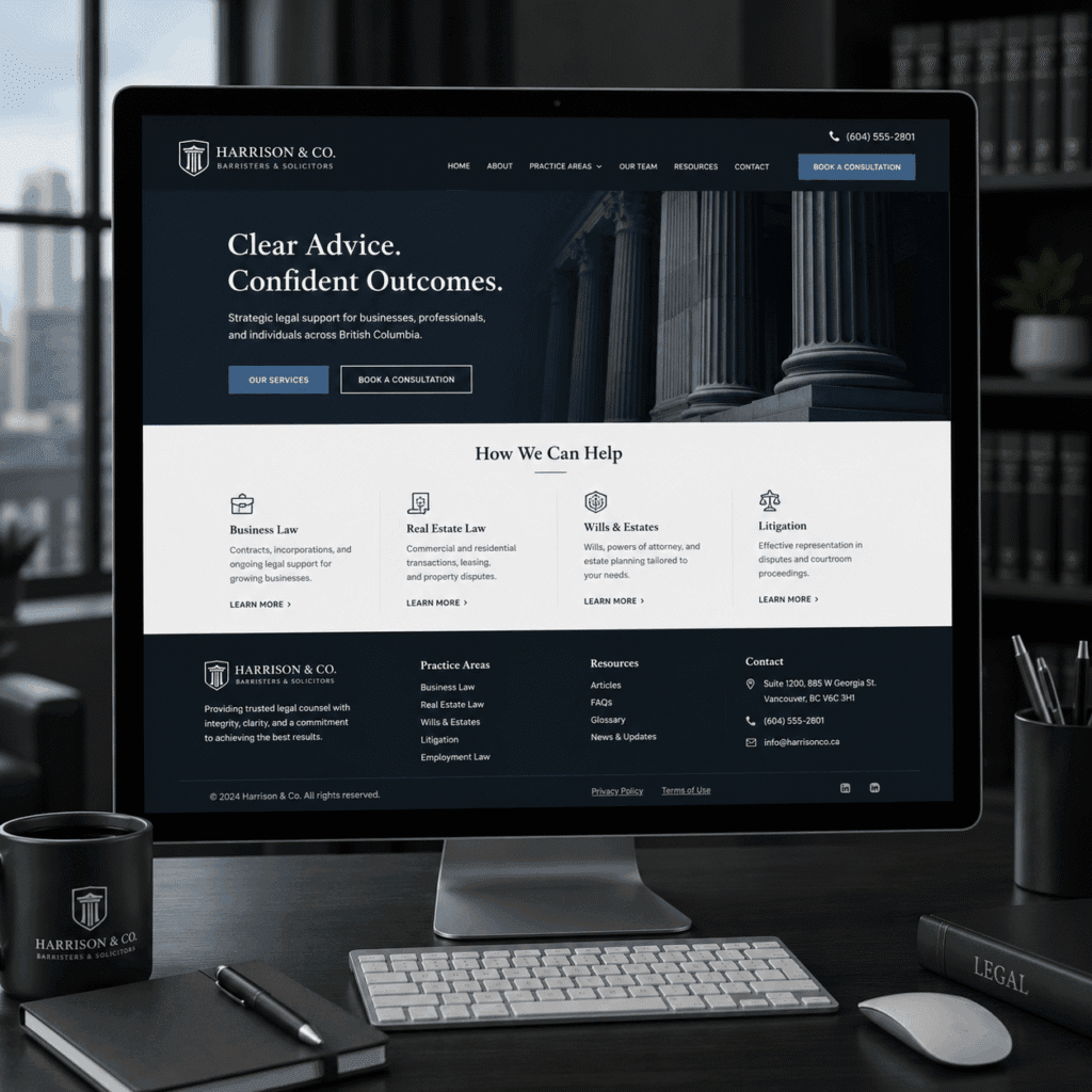 Completed law firm website displayed on a desktop computer with services and contact sections