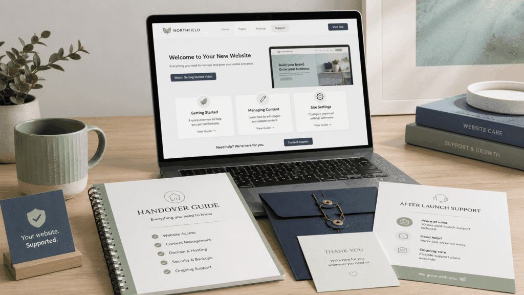 Completed website handover guide, support information and website management resources on a desk