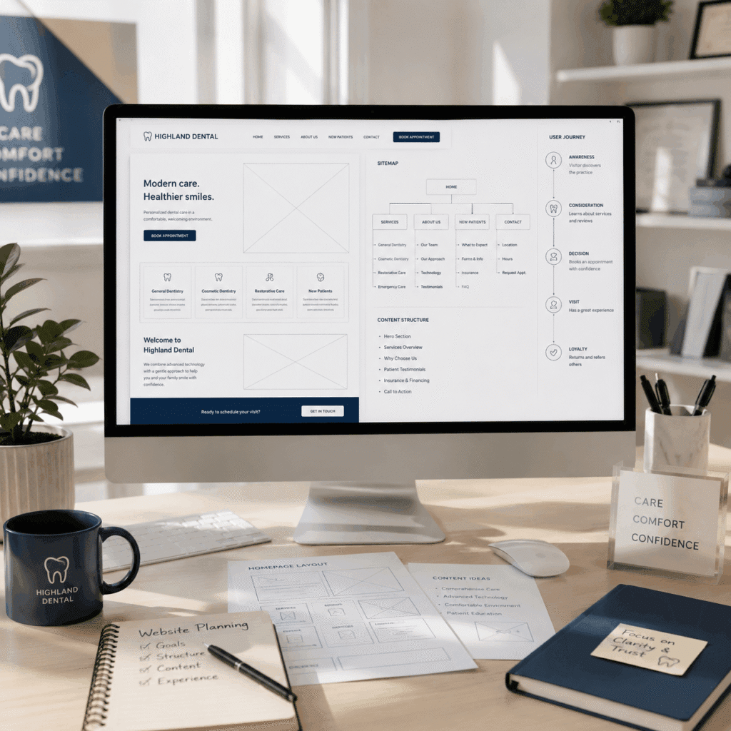 Website planning workspace showing a dental clinic sitemap, wireframe and customer journey