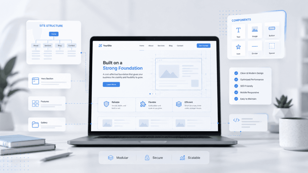 Digital Presence Malaysia | Website, SEO & Support 9 Laptop showing a website layout with floating site structure, components and feature panels in a clean digital workspace