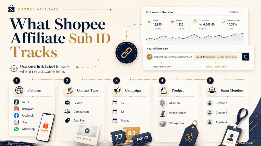Shopee Affiliate Sub ID: How to Track Links and Sales Properly 2 Infographic showing what Shopee Affiliate Sub ID tracks, including platform, content type, campaign, product, and team member
