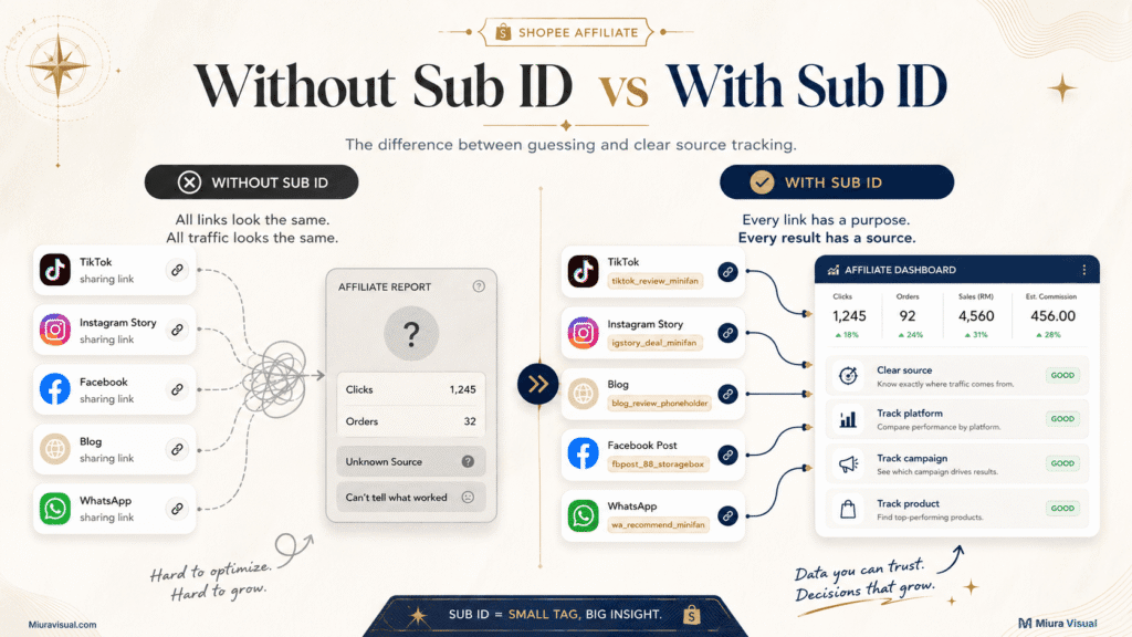 Shopee Affiliate Sub ID: How to Track Links and Sales Properly 3 Without Sub ID vs with Shopee Affiliate Sub ID comparison for tracking link sources clearly
