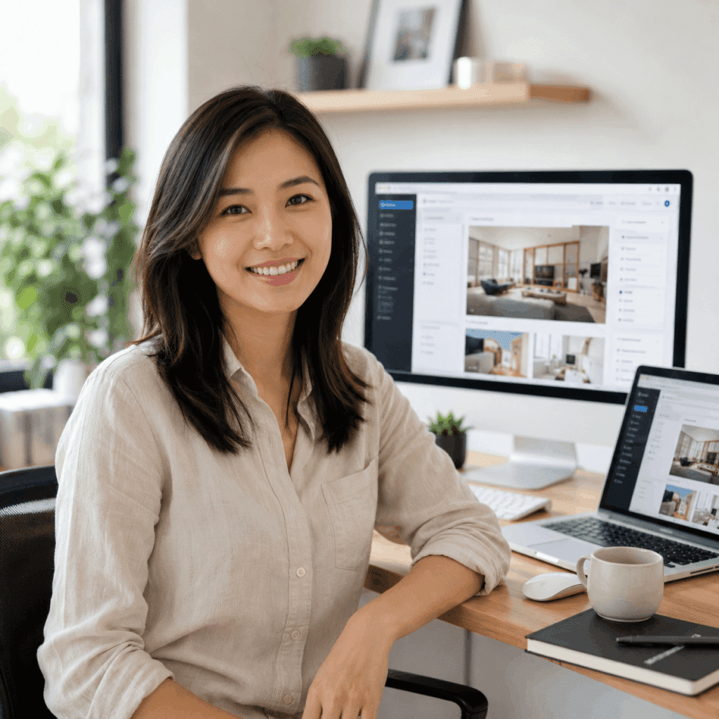 Digital Presence Malaysia | Website, SEO & Support 41 Smiling WordPress website owner sitting in a bright workspace with dashboard screens, representing WordPress maintenance and updates.