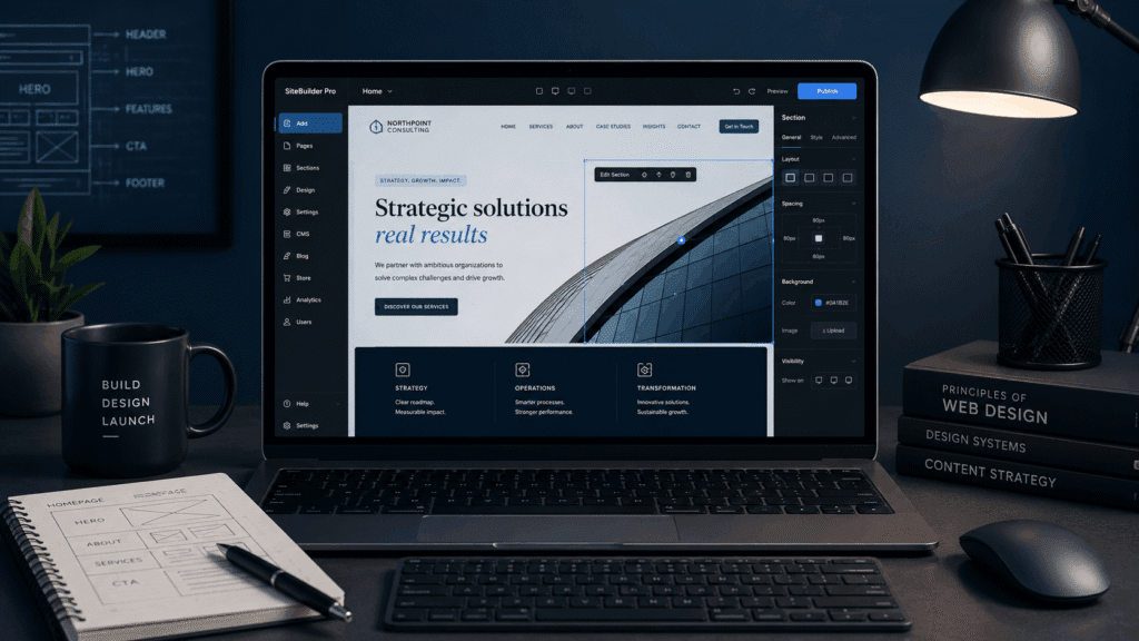 Website builder interface displayed on a laptop during the website development stage