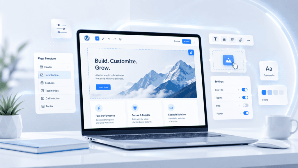 Digital Presence Malaysia | Website, SEO & Support 7 Laptop displaying a WordPress website builder with floating interface panels and design tools in a modern workspace
