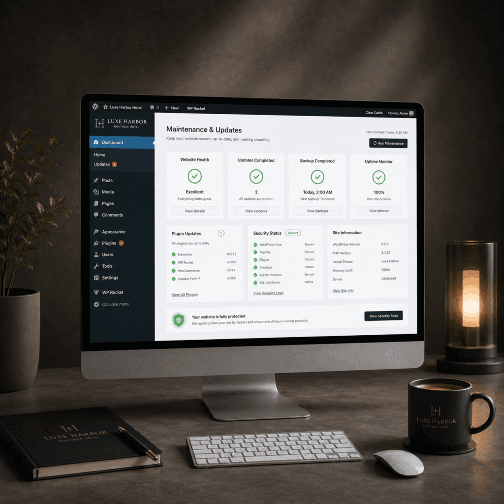 Digital Presence Malaysia | Website, SEO & Support 6 WordPress website maintenance dashboard showing updates, backups, security checks and uptime monitoring.