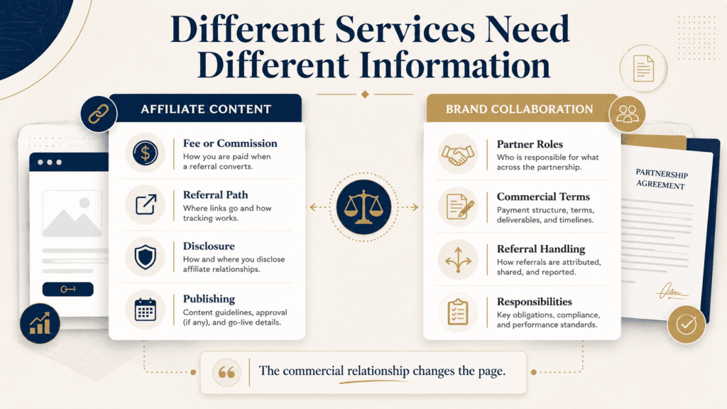 Affiliate content and brand collaboration service pages showing different commercial terms, referral paths and responsibilities