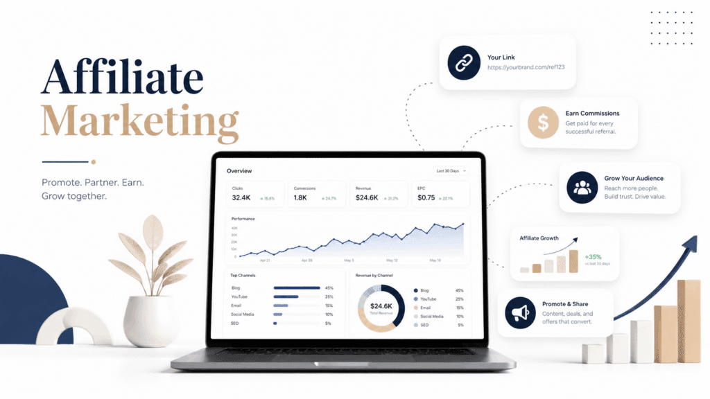 Miura Visual Insights | Content, SEO & Creator Growth 23 Affiliate marketing dashboard with laptop, performance charts, referral icons and growth elements on a white background