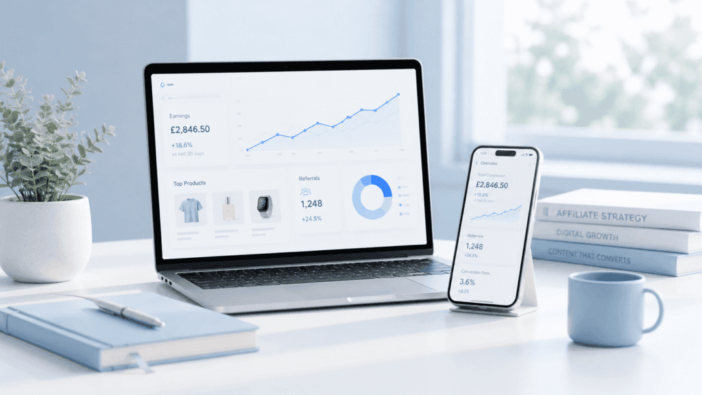 Brand & Creator Economy | SEO, Affiliate & Growth 7 Affiliate and monetisation workspace with laptop, mobile dashboard and digital growth books in a light blue office setting