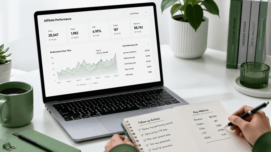 Affiliate content performance tracking with views, clicks, orders, revenue and follow-up planning