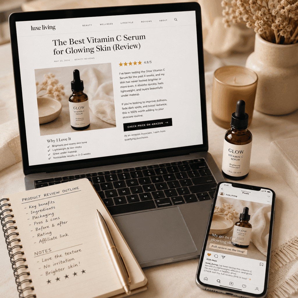 Affiliate & Referral Content Service Malaysia | Miura Visual 4 Affiliate product review content showing a skincare blog review with social media promotion