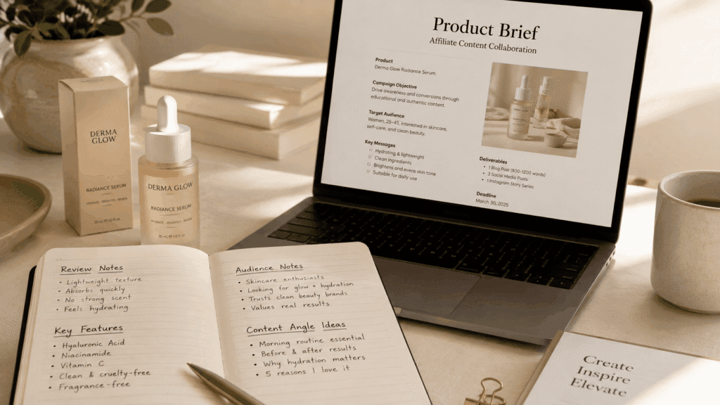 Affiliate & Referral Content Service Malaysia | Miura Visual 35 Affiliate product review process with product brief, audience notes and content angle planning