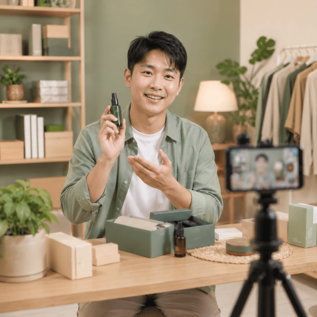 Video Editing Services Malaysia | Social & Short-Form Videos 44 Local Chinese affiliate creator smiling while presenting a product in a home content studio