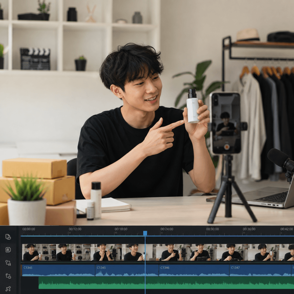 Video Editing Services Malaysia | Social & Short-Form Videos 6 Affiliate video editing workspace with product review footage, ratings and promotional elements