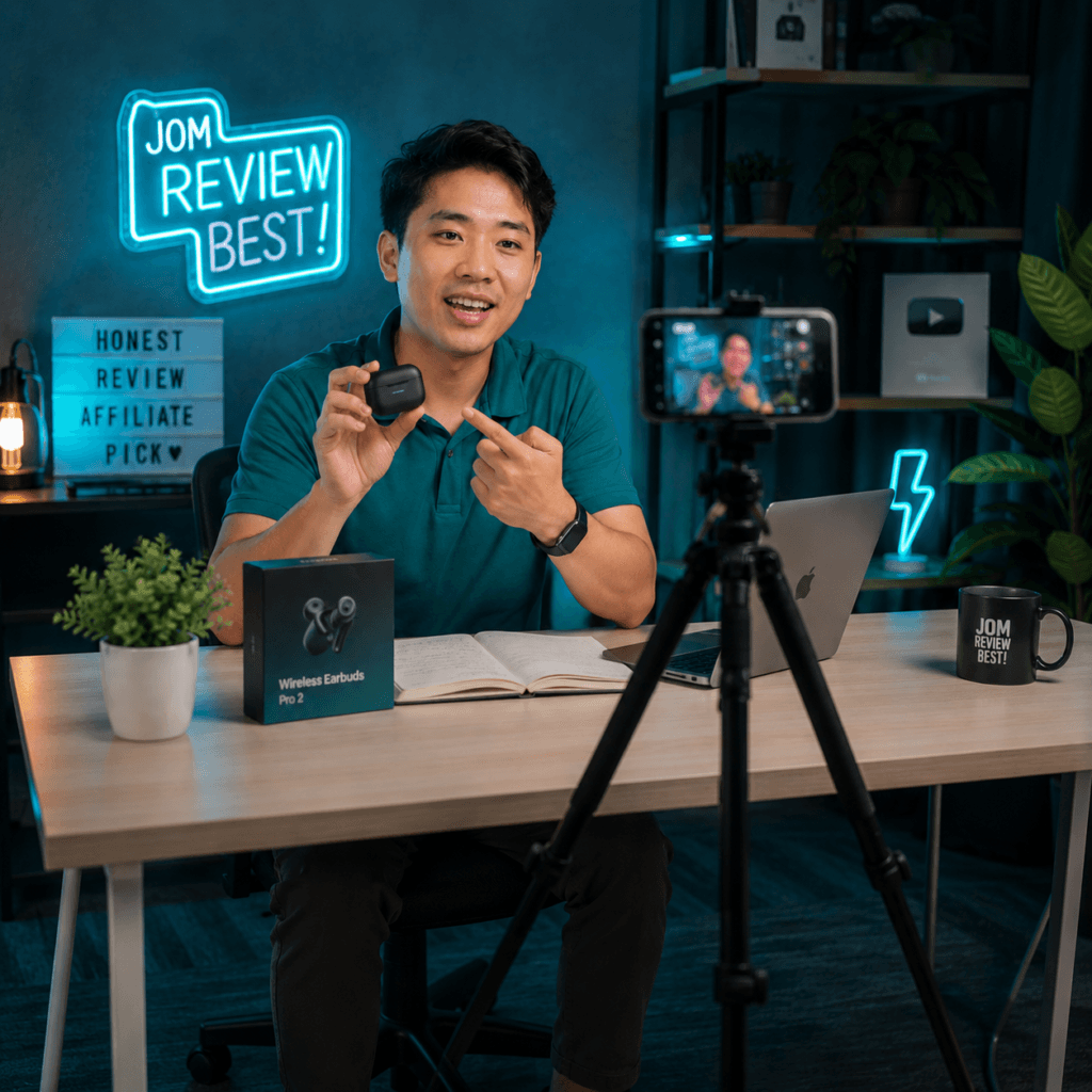 Videography Services Malaysia | Product & Business Videos 9 Local reviewer filming an affiliate product review video in Malaysia with a smartphone and studio desk setup