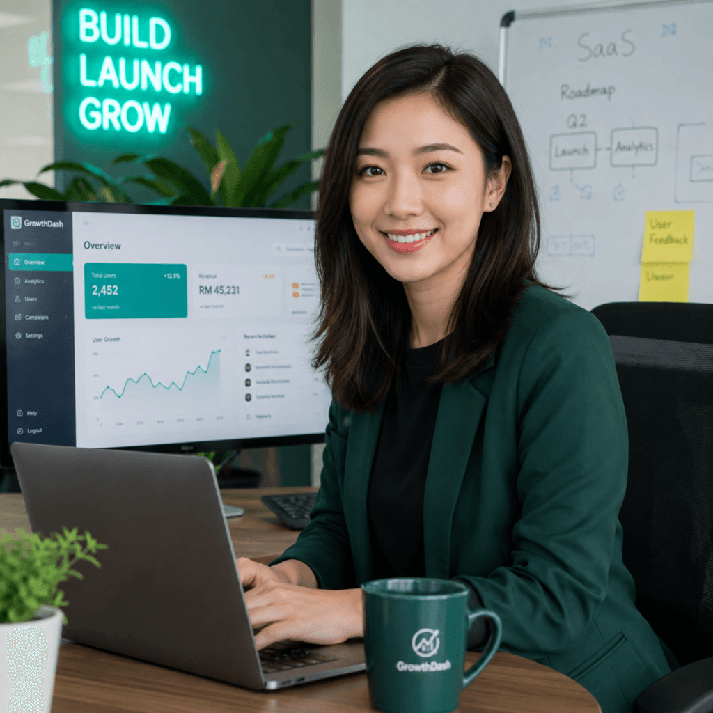 Affiliate & Referral Content Service Malaysia | Miura Visual 44 Software and digital product representative in a SaaS workspace with analytics dashboard and online platform tools