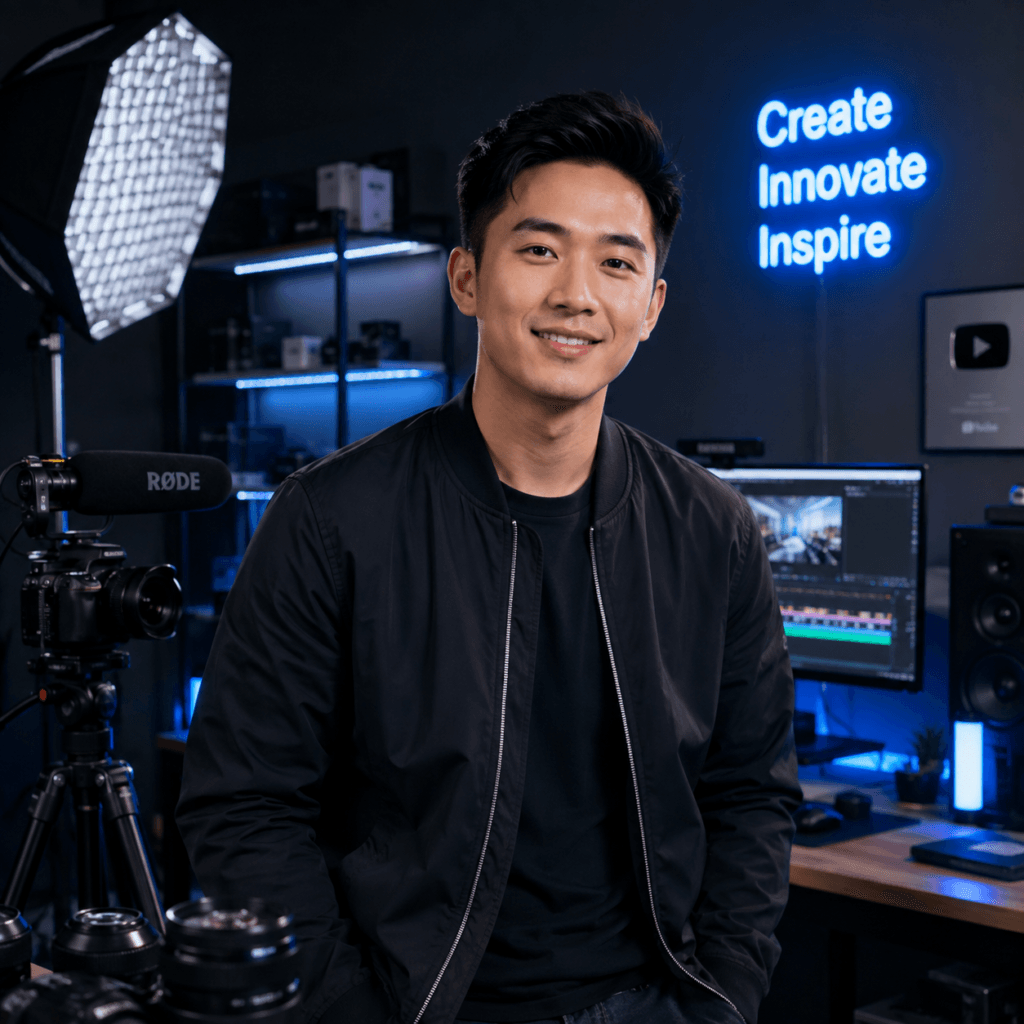 Affiliate & Referral Content Service Malaysia | Miura Visual 43 Creator technology brand representative in a studio with cameras, lighting and video production equipment