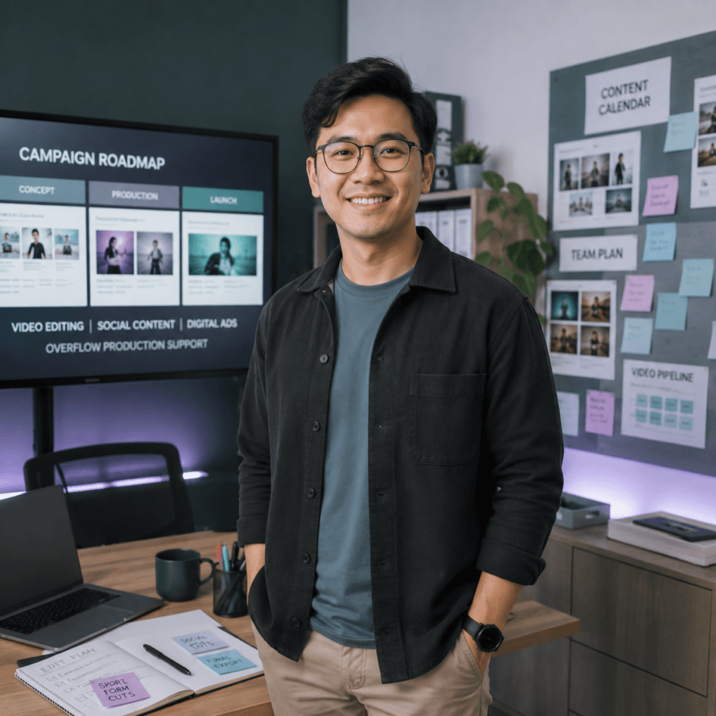 Video Editing Services Malaysia | Social & Short-Form Videos 46 Local Chinese digital agency professional smiling in a creative office with campaign planning and video production workflow