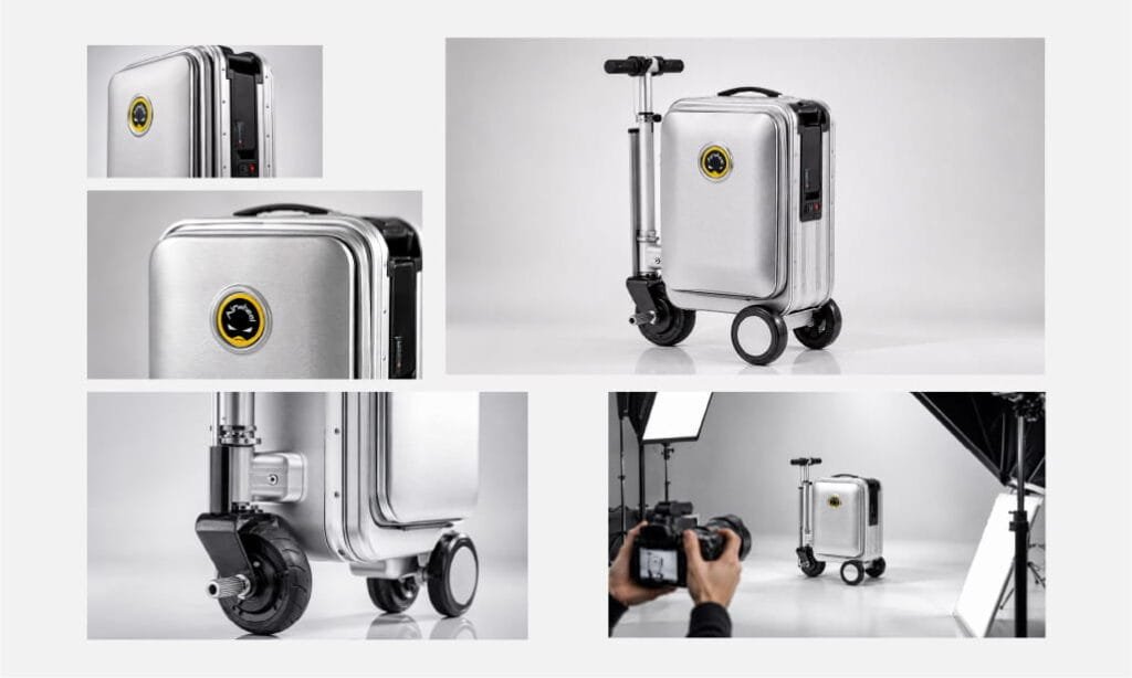 Airwheel smart luggage photographed in a studio product setup