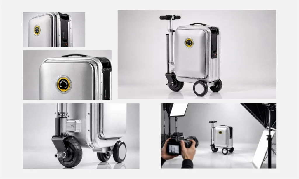Miura Visual Portfolio | Digital, Visual & Brand Work 5 Airwheel smart luggage photographed in a studio product setup