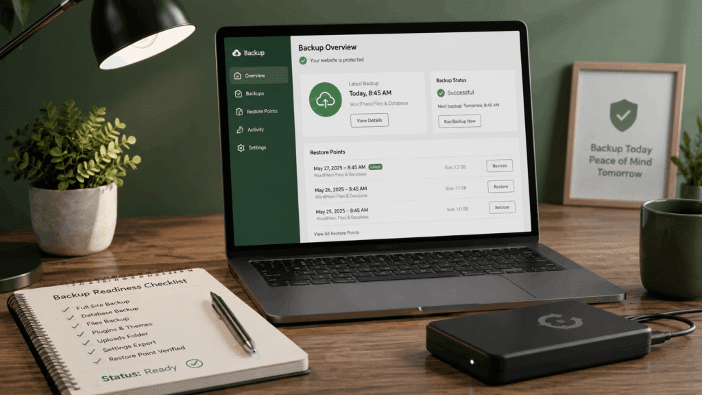 WordPress Website Maintenance Malaysia | Miura Visual 35 Website backup dashboard showing backup status, restore points and backup readiness checklist