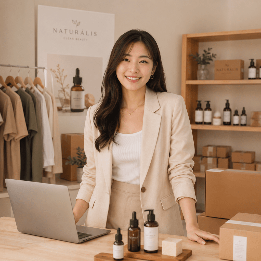 Photo Retouching Malaysia | Creative Editing & Compositing 45 Smiling business owner standing in a product brand studio with packaging, shelves and commercial items