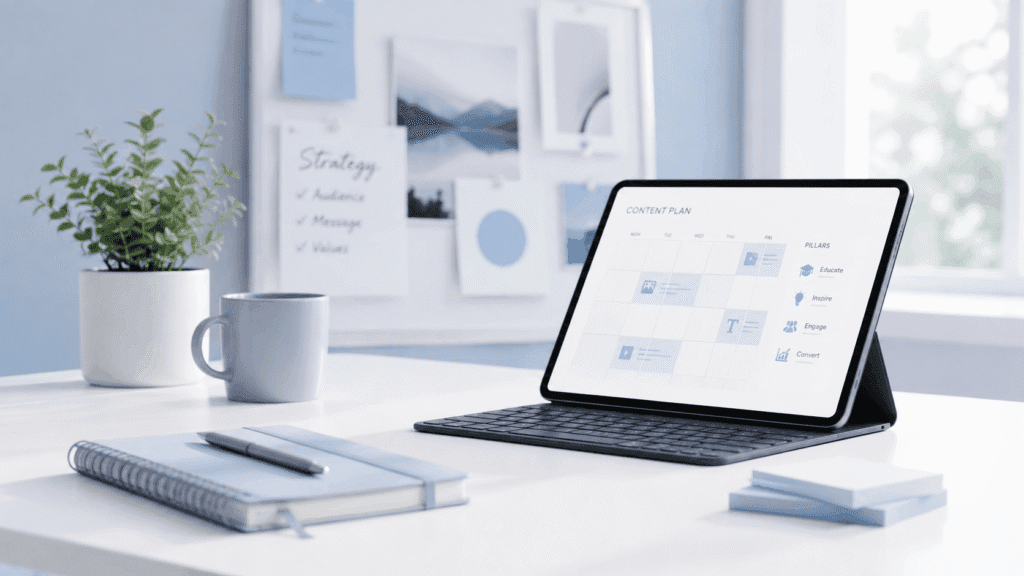 Brand & Creator Economy | SEO, Affiliate & Growth 8 Brand and content strategy workspace with tablet content plan, notebook and planning board in a light blue office setting
