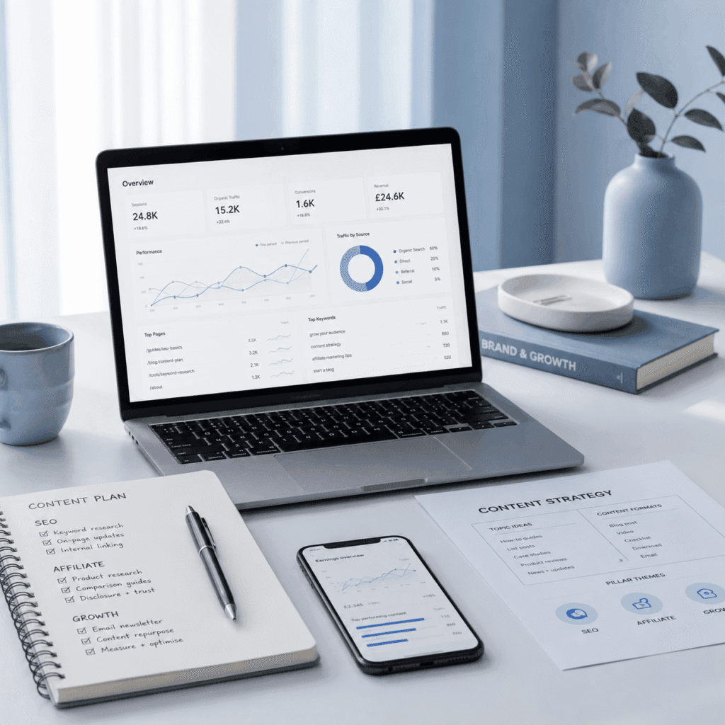 Brand & Creator Economy | SEO, Affiliate & Growth 21 Brand & Creator Economy workspace with laptop analytics dashboard, content planning notebook and phone in a light blue and white office setting
