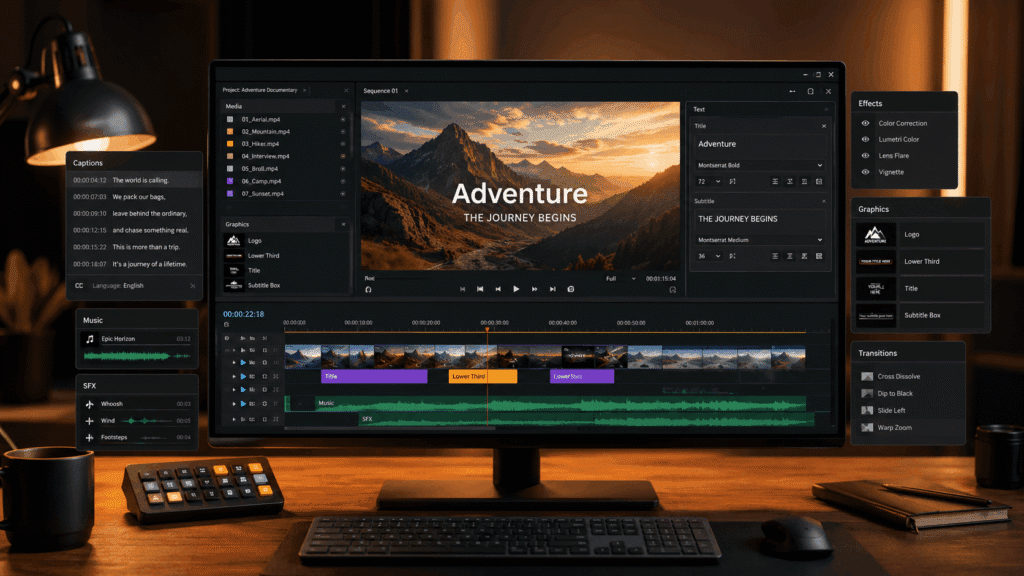 Video Editing Services Malaysia | Social & Short-Form Videos 39 Video editing timeline with captions, graphics, music, sound effects and transitions