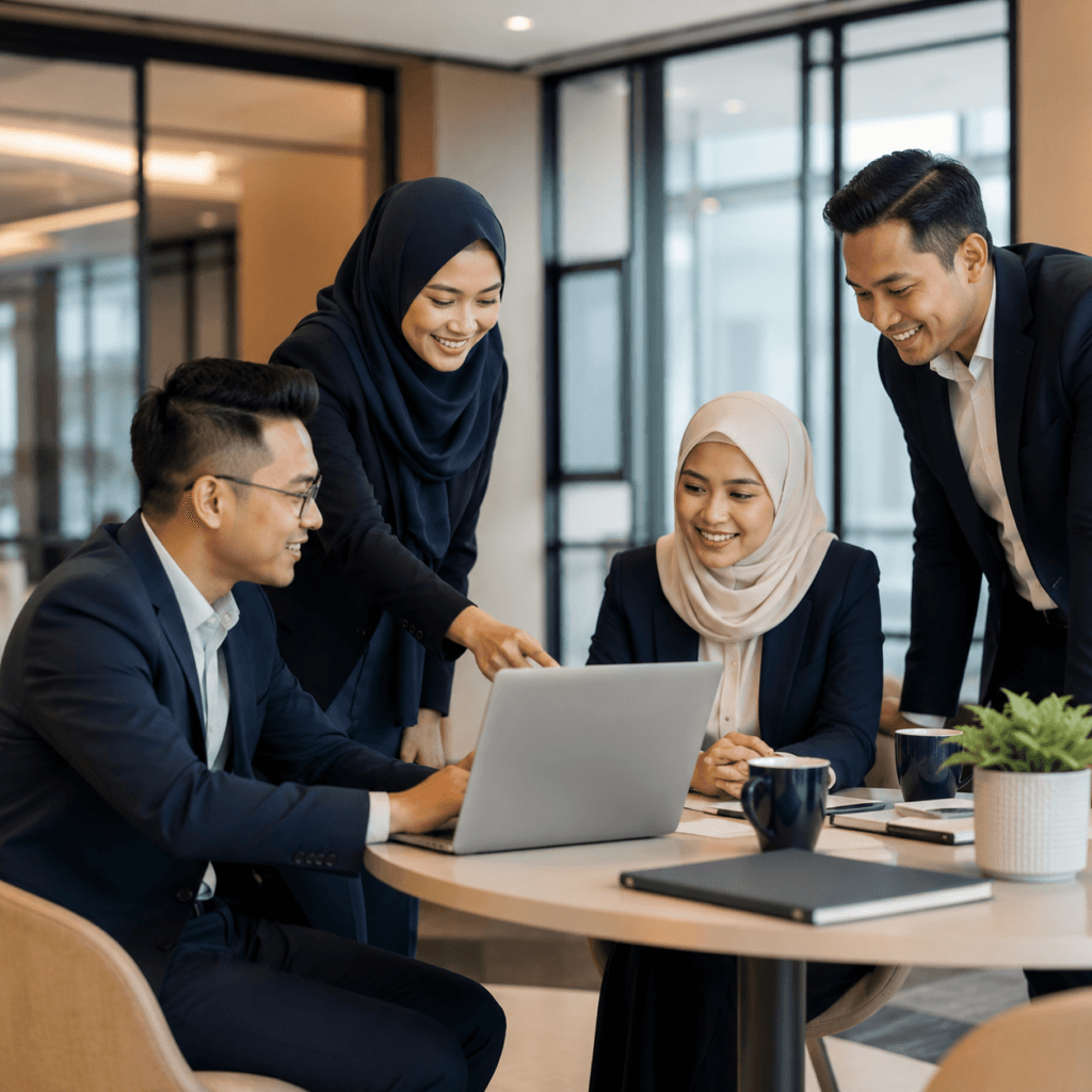 Photography Services Malaysia | Business, Product & Event 4 Local corporate team discussing work around a laptop in a modern office meeting space