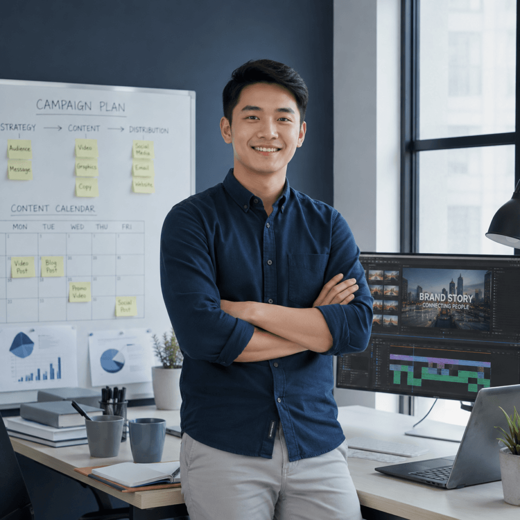 Video Editing Services Malaysia | Social & Short-Form Videos 45 Local Chinese marketing professional smiling in a business content workspace with campaign planning and video editing setup