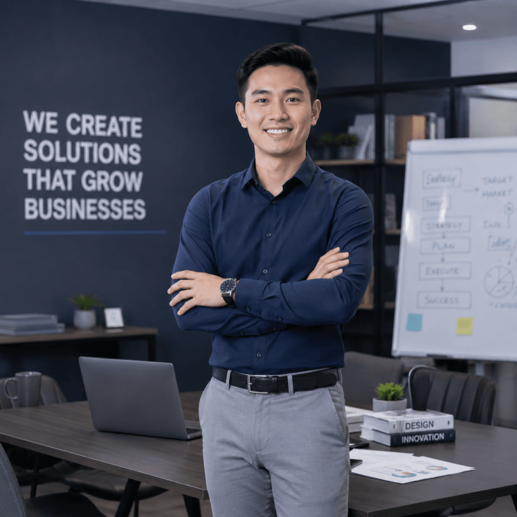 Videography Services Malaysia | Product & Business Videos 44 Local Chinese business professional smiling in a modern office meeting room with laptop, whiteboard and business planning setup