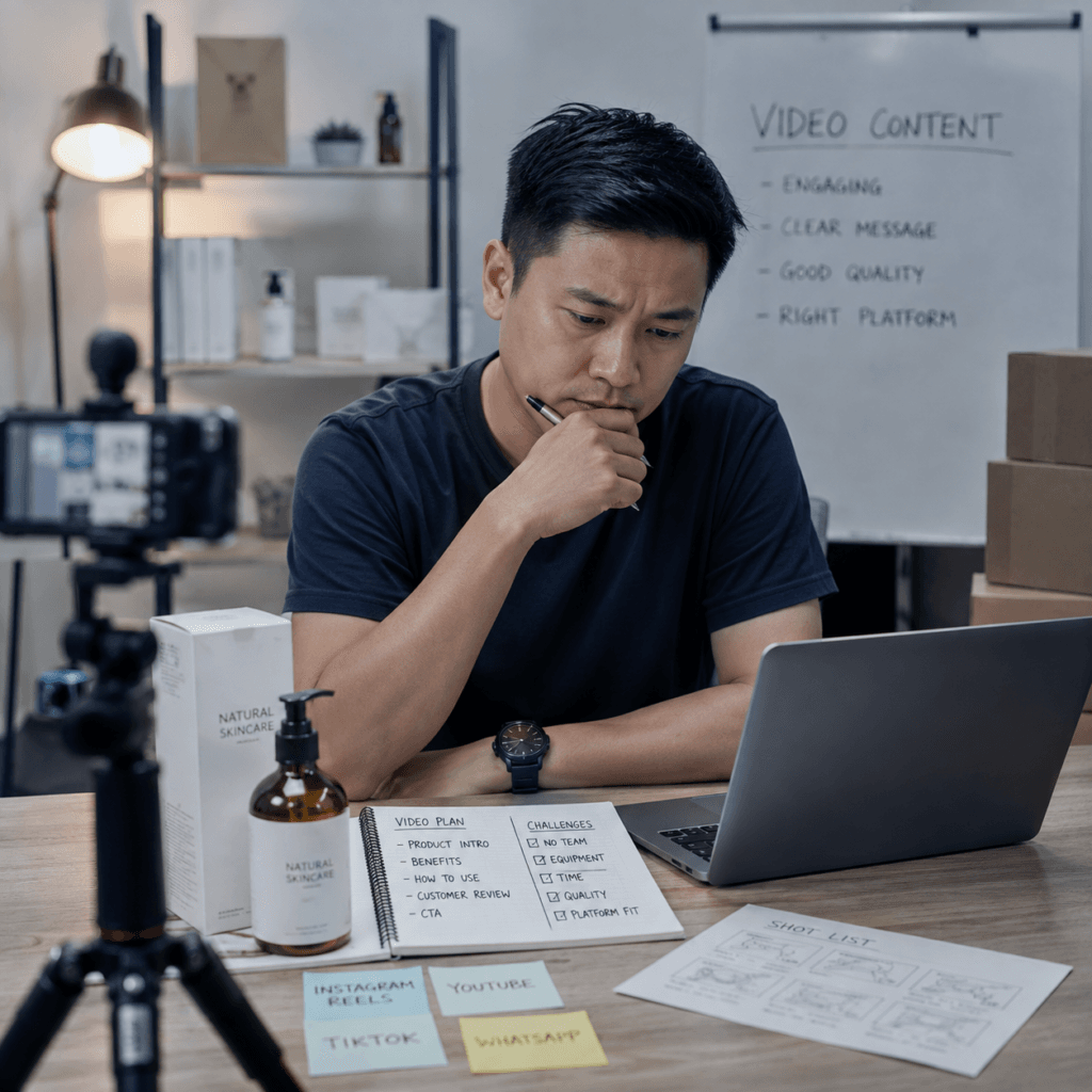 Graphic Design Services Malaysia | Miura Visual 3 Local Malaysian Chinese business owner planning video content with a laptop, camera setup, product samples and shot list