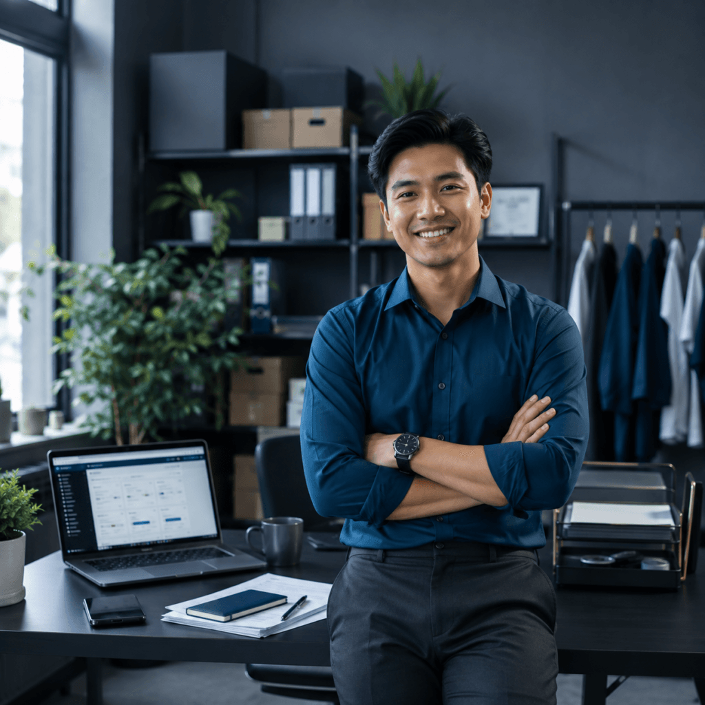 WordPress Website Maintenance Malaysia | Miura Visual 41 Smiling business owner in a modern workspace without an internal website team, with laptop and website tools in the background