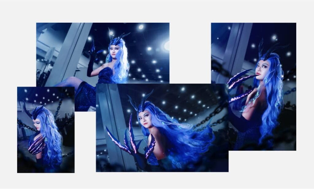 Cosplay photography series featuring a blue-haired character with dramatic lighting and styling