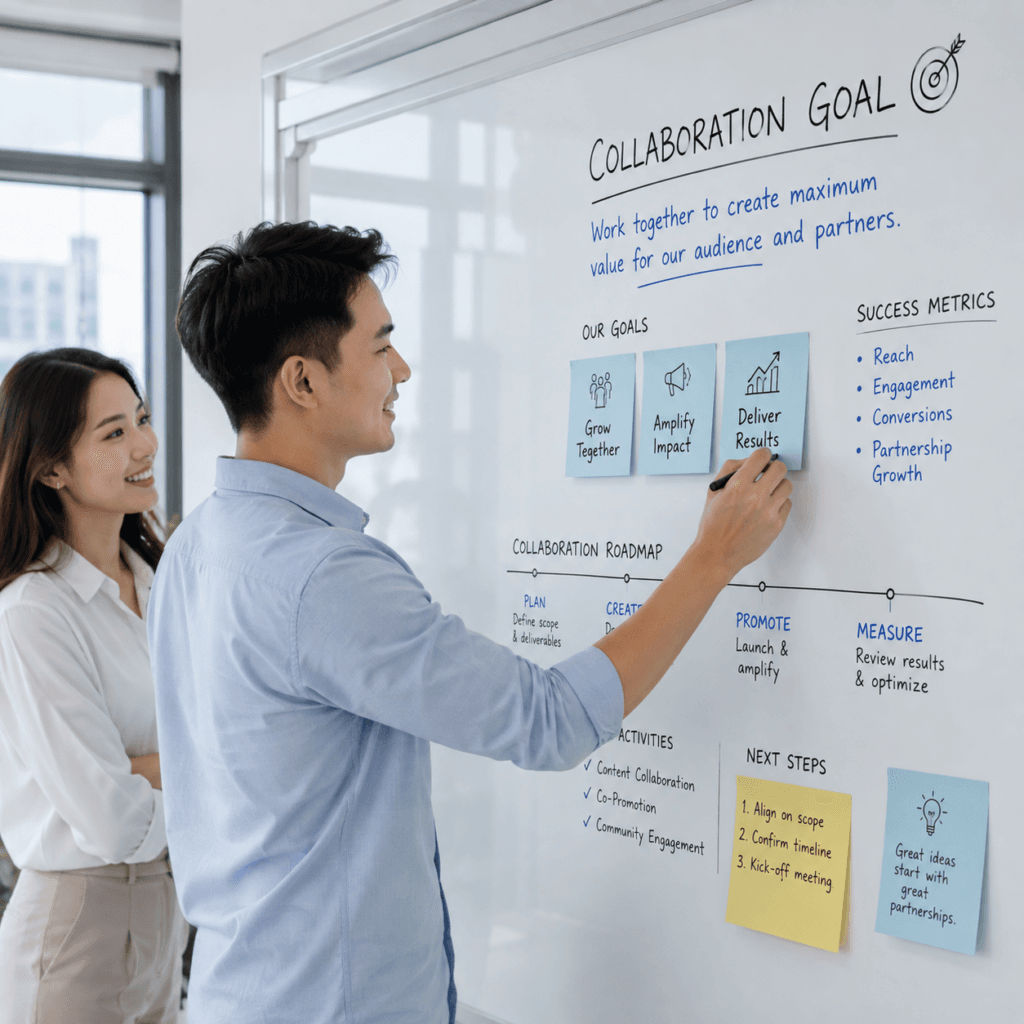 Brand Collaboration & Partnerships Malaysia | Miura Visual 10 Business partners defining collaboration goals on a planning board in Malaysia