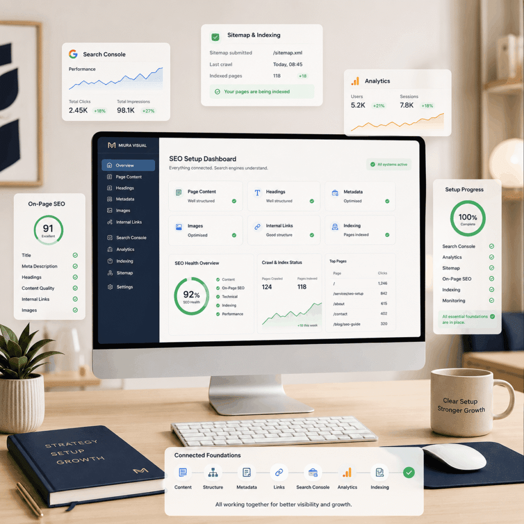 Desktop monitor showing a complete SEO setup dashboard with content, metadata, internal links, Search Console, Analytics and indexing connected.