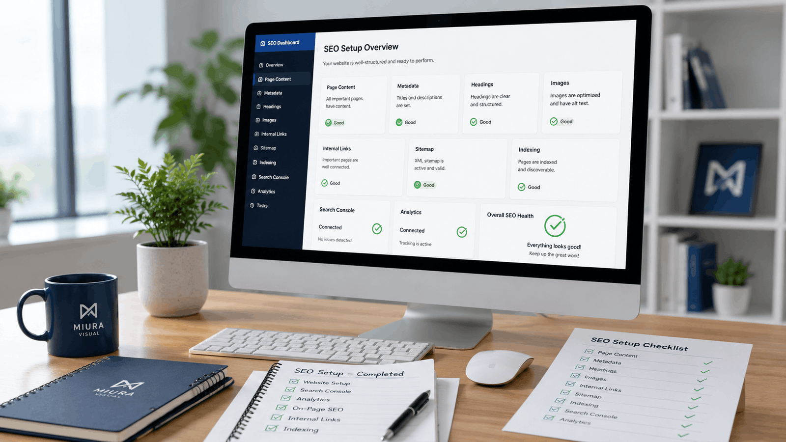 Desktop monitor showing a completed SEO setup dashboard with Search Console, Analytics, metadata, headings, internal links and indexing checks.